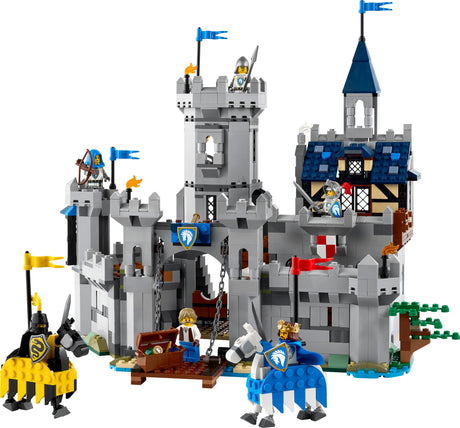 LEGO Creator: Medieval Horse Knight Castle featuring a detailed gray stone castle with blue and yellow flags, knights on horseback, and a drawbridge with treasure, perfect for imaginative play.