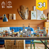 LEGO Creator: Medieval Horse Knight Castle set displayed on a table with detailed medieval buildings, knights, horses, and accessories, perfect for kids aged 9 and up.