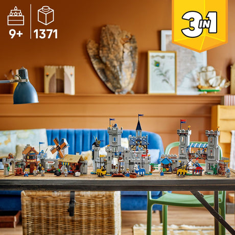 LEGO Creator: Medieval Horse Knight Castle set displayed on a table with detailed medieval buildings, knights, horses, and accessories, perfect for kids aged 9 and up.