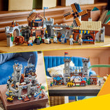 Detailed LEGO Creator: Medieval Horse Knight Castle building sets with knights, horses, castle towers, and medieval market scenes displayed on a wooden table.
