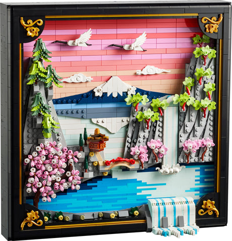 LEGO ART: Japanese Cherry Blossom Landscape model of a scenic landscape with cherry blossoms, water, and traditional architecture.