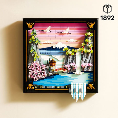 LEGO ART: Japanese Cherry Blossom Landscape decorative wall art with a mountain and cherry blossom design.