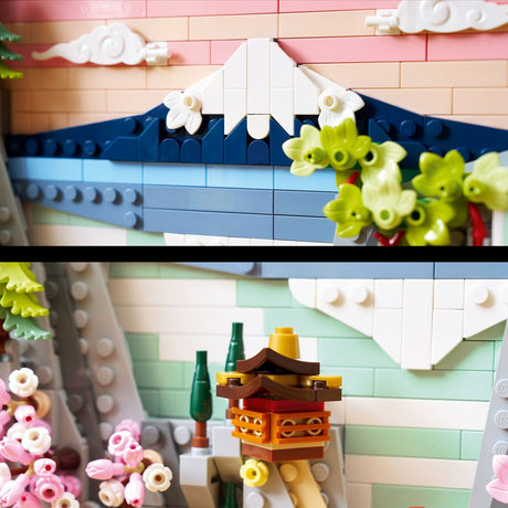 LEGO ART: Japanese Cherry Blossom Landscape model of a traditional Japanese building with cherry blossoms and Mount Fuji.