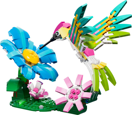LEGO set with a colorful hummingbird and flowers on a white background