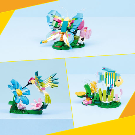 Toy LEGO Creator: Wild Animals: Colorful Hummingbird sets with colorful animals on a blue background