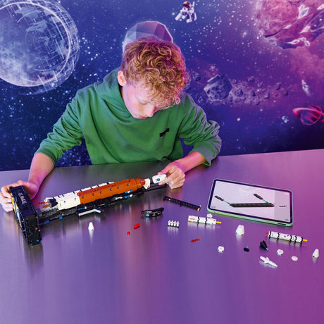 Child building a LEGO Technic: NASA Artemis Space Launch System Rocket with space themed background