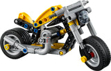 LEGO Technic: Yellow Motorcycle toy motorcycle made of interlocking bricks on a white background