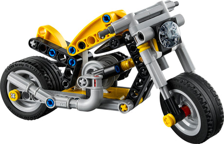 LEGO Technic: Yellow Motorcycle toy motorcycle made of interlocking bricks on a white background
