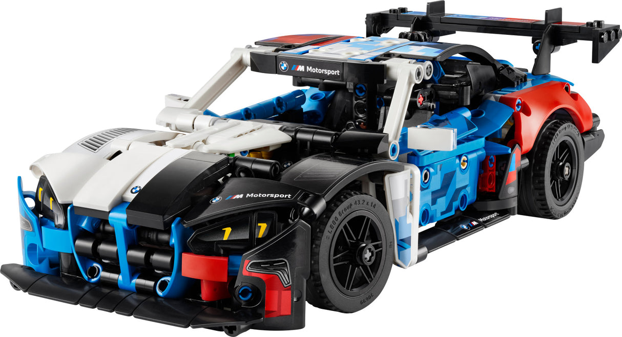 LEGO Technic: BMW M4 GT3 EVO Race Car toy car model built from interlocking bricks on a white background