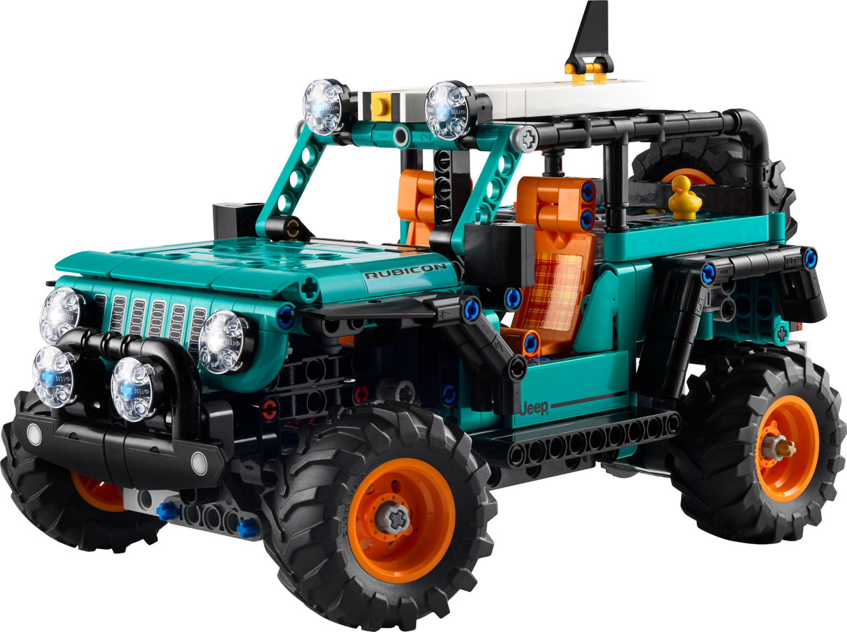 Toy LEGO Technic: Jeep® Wrangler Rubicon SUV model made of interlocking bricks on a white background