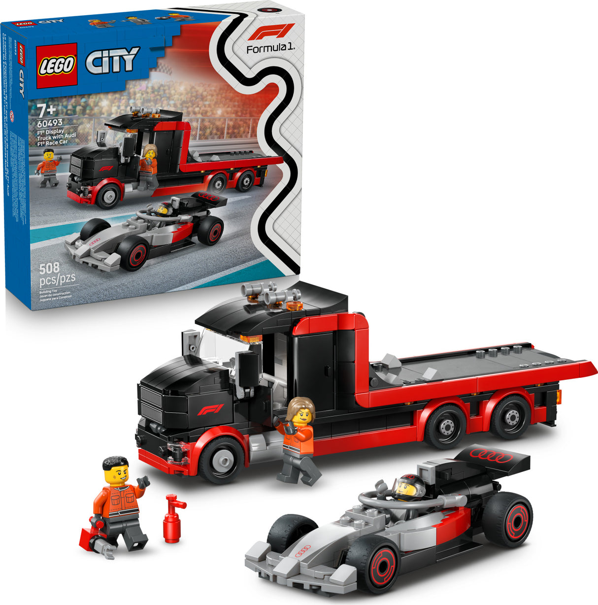 LEGO City Formula 1: F1® Display Truck with Audi F1® Race Car set with packaging on a white background