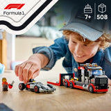 Child playing with LEGO City Formula 1: F1® Display Truck with Audi F1® Race Car toy set on a wooden table, featuring Formula 1 logo and toy packaging details.