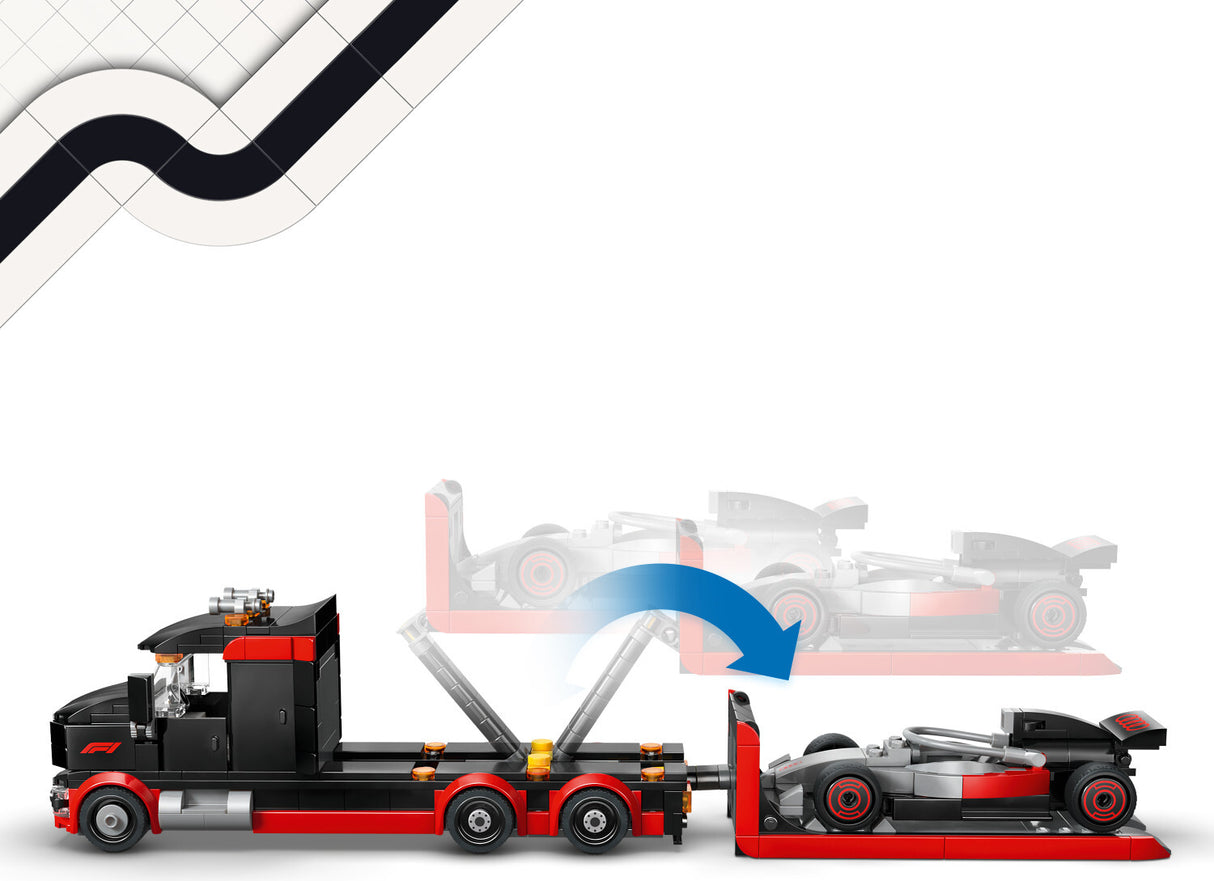 Toy LEGO City Formula 1: F1® Display Truck with Audi F1® Race Car with a trailer carrying a race car on a white background