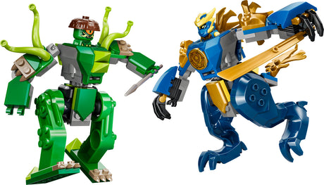 Two colorful robot figures, one green and one blue with gold accents, from the LEGO Ninjago: Jay's Dragon Mech Fight set on a white background.