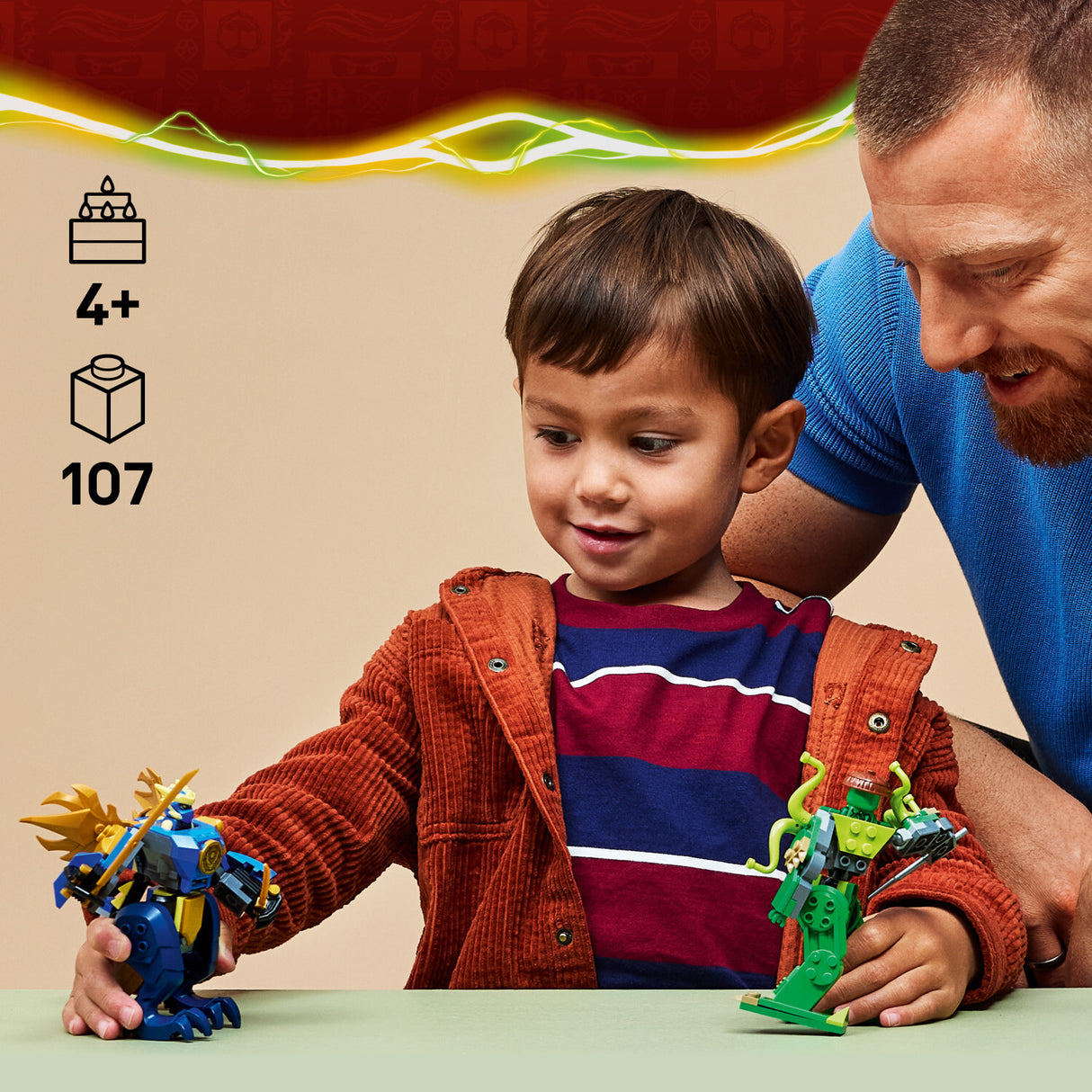 Child and adult playing with toy LEGO Ninjago: Jay's Dragon Mech Fight on a table, with product details on the left.