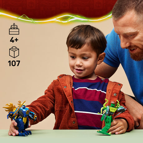 Child and adult playing with toy LEGO Ninjago: Jay's Dragon Mech Fight on a table, with product details on the left.