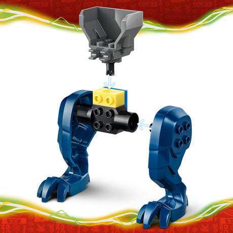 Toy robot arm with blue and yellow parts  from the LEGO Ninjago: Jay's Dragon Mech Fight set on a colorful background