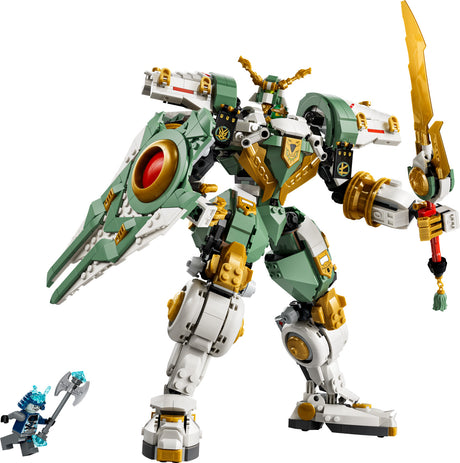 Toy LEGO Ninjago: Lloyd's Titan Mech 15th Anniversary set with green, gold, and white color scheme on a white background