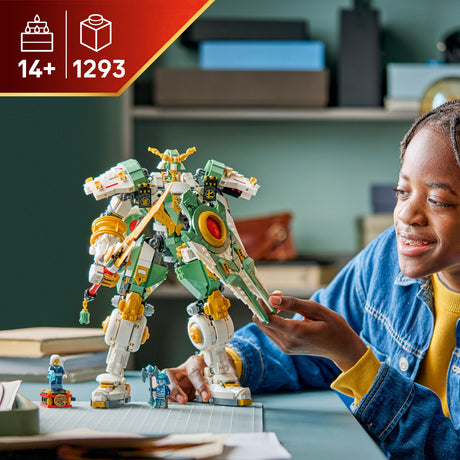 Child playing with a detailed LEGO Ninjago: Lloyd's Titan Mech 15th Anniversary model in a room setting