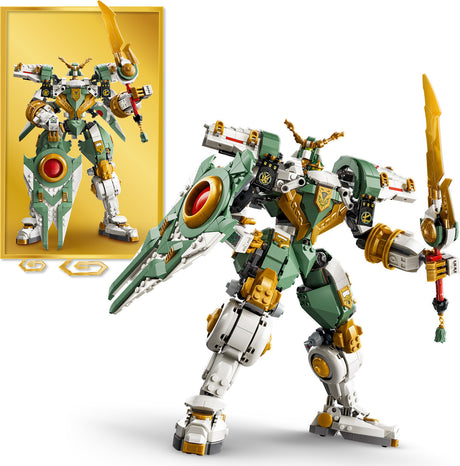 Mechanical toy LEGO Ninjago: Lloyd's Titan Mech 15th Anniversary figure with green and gold color scheme on a white background