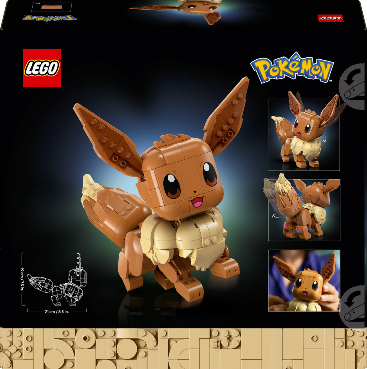 LEGO Pokémon Eevee building set box front, showing a assembled brown and cream Eevee figure on a black background with LEGO and Pokémon branding, smaller product views, a line drawing, and a photo inset of a hand holding the toy.