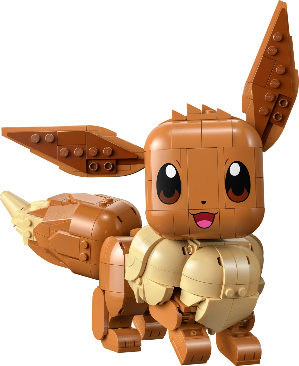 Toy LEGO Pokémon Eevee made of interlocking bricks on a white background