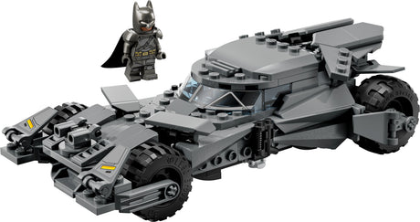 Toy model of the LEGO Super Heroes DC: Batman v Superman™ Batmobile™ set with Batman figure on a white background