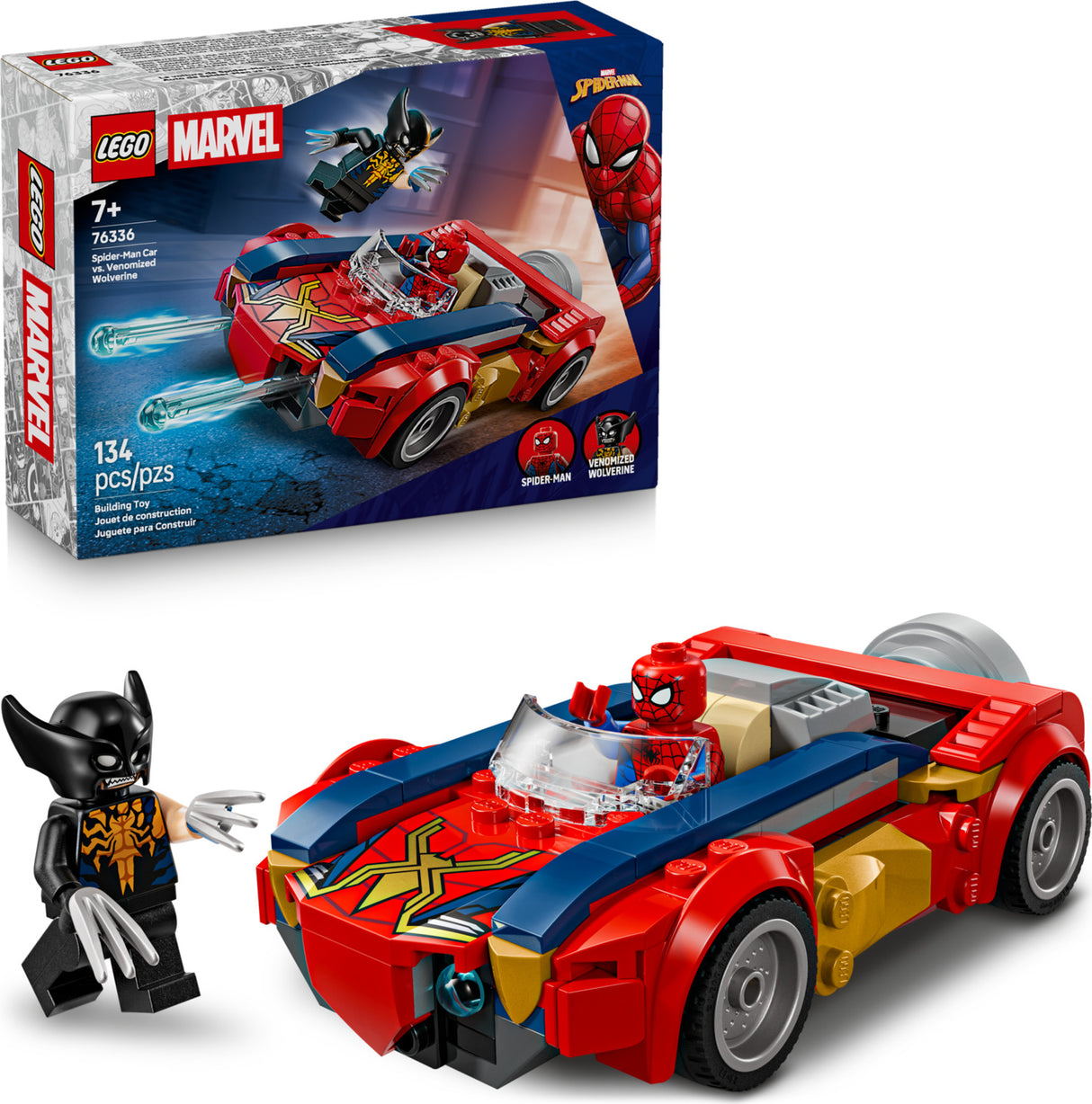 LEGO Super Heroes Marvel: Spider-Man Car vs. Venomized Wolverine set with packaging and Spider-Man figure on a white background