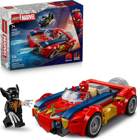 LEGO Super Heroes Marvel: Spider-Man Car vs. Venomized Wolverine set with packaging and Spider-Man figure on a white background