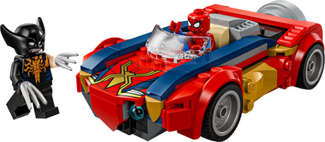Toy LEGO Super Heroes Marvel: Spider-Man Car vs. Venomized Wolverine kit with superhero design and a figure next to it