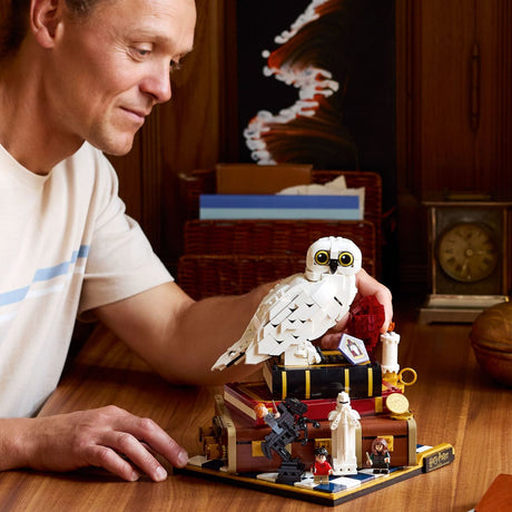 Man playing with a detailed LEGO Harry Potter: Sorcerer's Stone – Collectors' Edition  model of a owl and books on a wooden table.