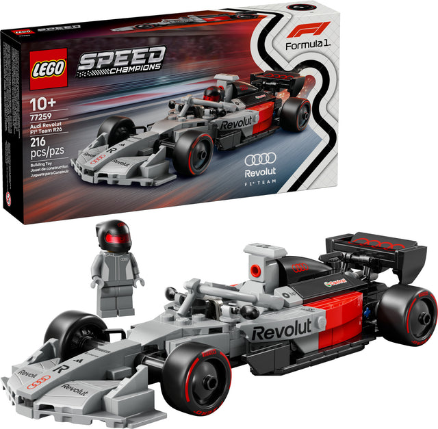 LEGO Speed Champions: Audi Revolut F1® Team R26 Race Car set with packaging and a figure in front