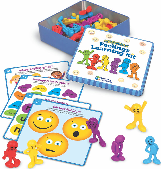 Feelings Learning Kit with colorful figurines and educational cards on a white background