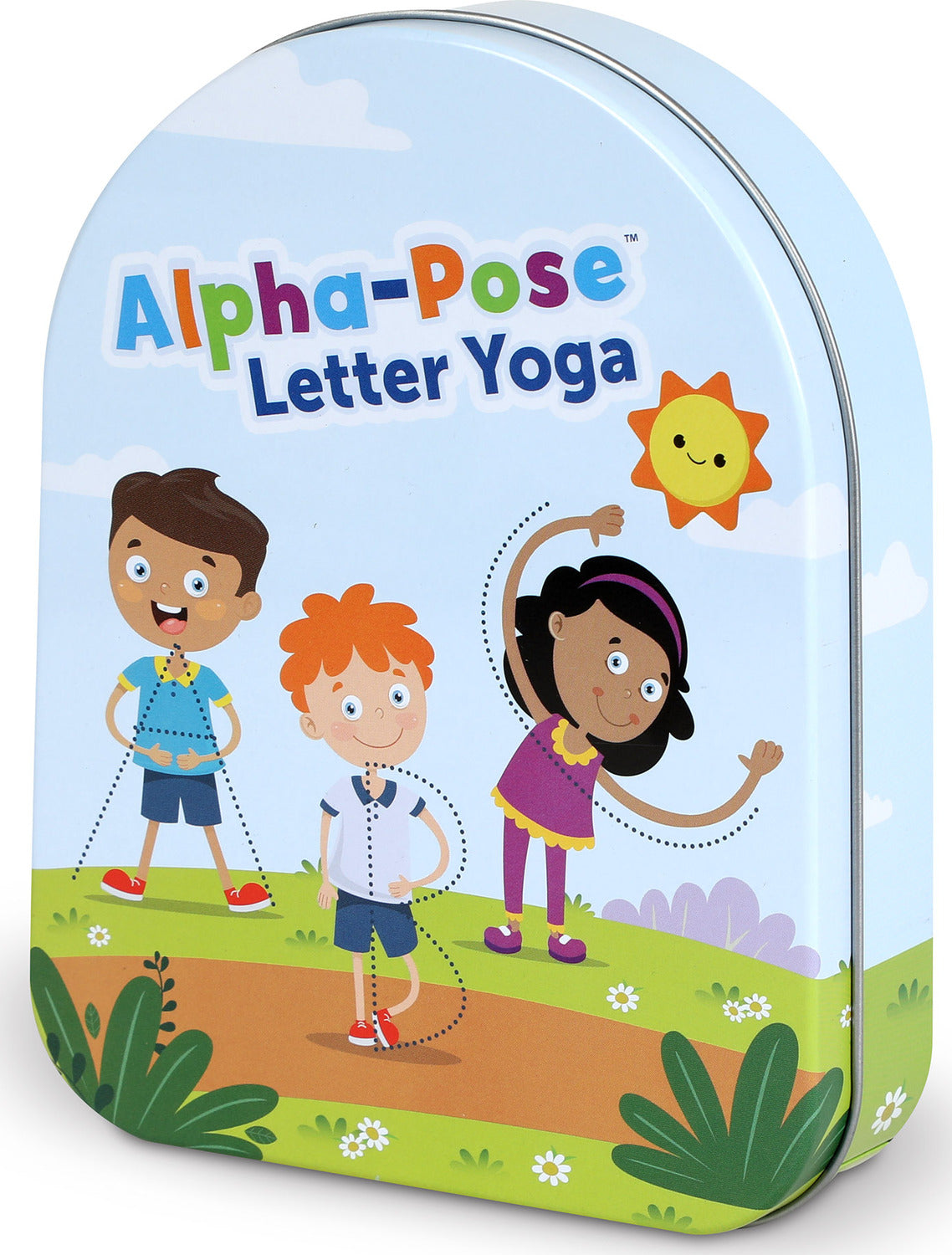 Alpha-Pose Letter Yoga product packaging with cartoon children and colorful design
