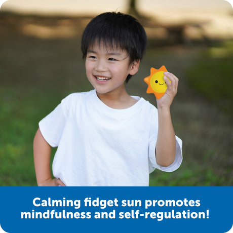 Child holding a sun-shaped fidget toy outdoors with text about its benefits.