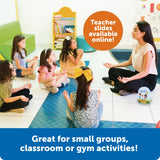 Teacher and students sitting on the floor in a classroom setting with text about teacher slides and activities.