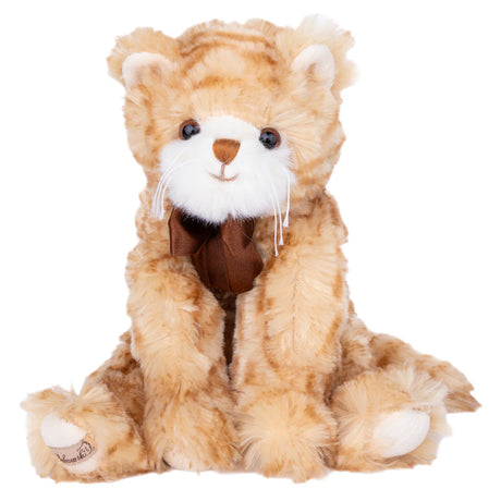 Plush toy Loke the cat with a brown and beige fur pattern on a white background