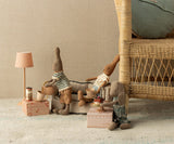 Miniature scene with stuffed animals with Mini Hot chocolate Set for Mouse in a living room setting.