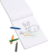 Drawing Paper Pad with drawing of bunny and carrot along with crayons on white background.