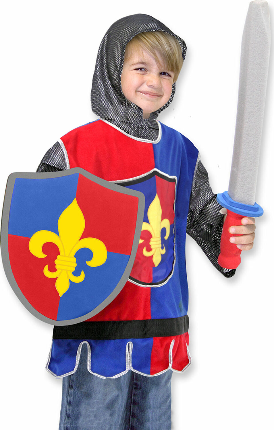 Child in a Knight Role Play Costume Set with a shield and sword on a white background