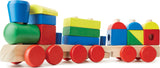 Colorful wooden toy train with block-like cars on a white background