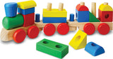 Colorful wooden toy train set with various shapes on a white background