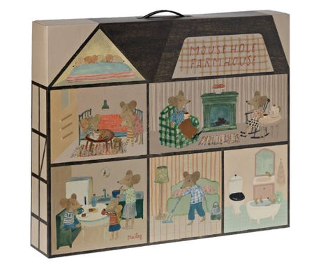 Farmhouse: Mouse Hole illustrated mouse house playset with charming room scenes, tiny furniture, animal characters, and a convenient carry handle