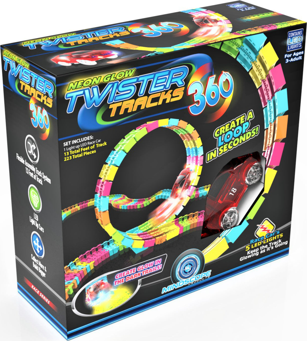 Neon Glow Twister Tracks 360 toy set packaging with colorful tracks and cars on a black background