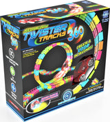 Neon Glow Twister Tracks 360 toy set packaging with colorful tracks and cars on a black background