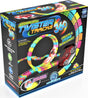 Neon Glow Twister Tracks 360 toy set packaging with colorful tracks and cars on a black background
