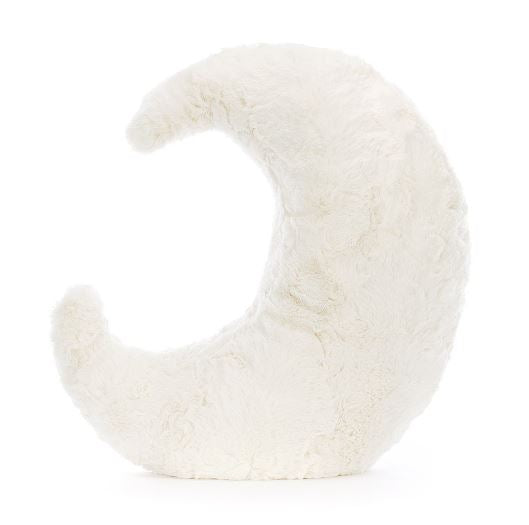 Amuseable Moon Huge is a soft, fluffy crescent moon-shaped plush toy in white, perfect as a cuddly companion or decorative piece for children's rooms.