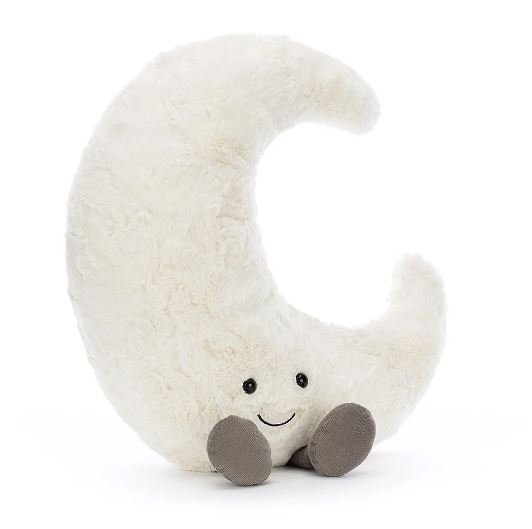 Amuseable Moon Huge is a soft, crescent-shaped plush toy featuring a smiling face and small feet, perfect as a cuddly companion for children and a charming addition to any toy collection.