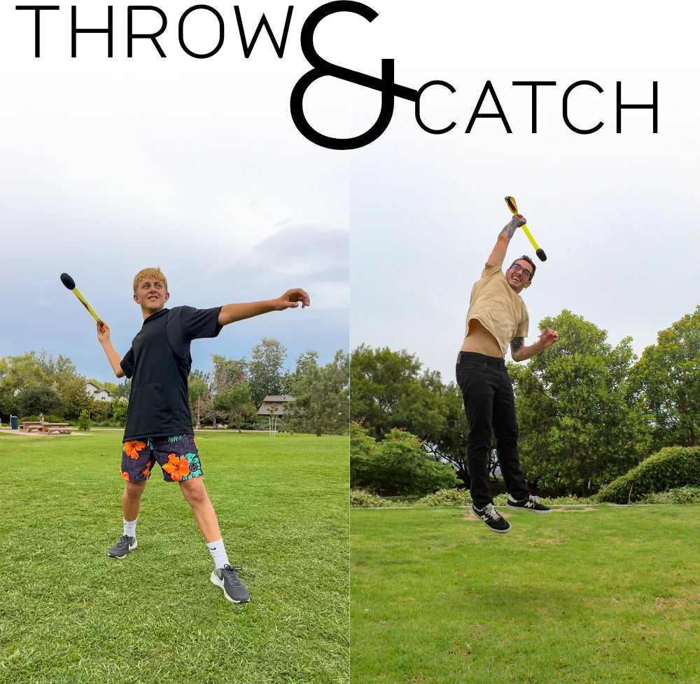 Two people playing with a Bad Rap Travelin Javelin on a grassy field, with 'Throw & Catch' text above.