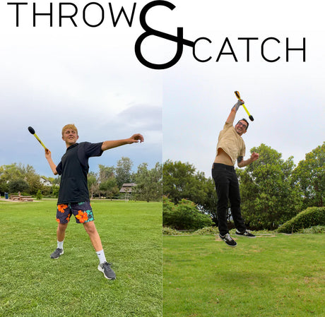 Two people playing with a Bad Rap Travelin Javelin on a grassy field, with 'Throw & Catch' text above.